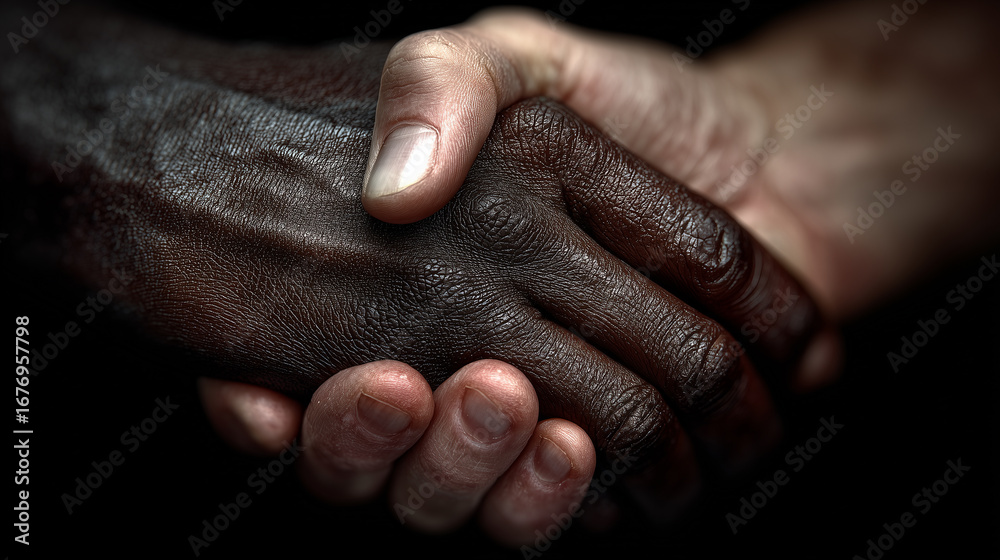 Fototapeta premium Two hands of different skin tones holding each other gently, symbolizing unity, support, and compassion in close up view with dark background