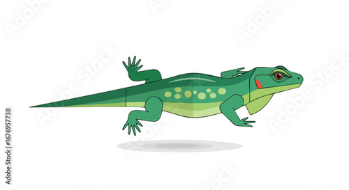 Green vector cartoon lizard illustration with detailed textures and shadows against a clean, bright white background for use in creative reptile