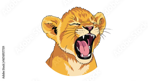 Adorable cartoon lion cub yawning widely displaying a big mouth and small teeth on a plain background showcasing its youthful energy and curious