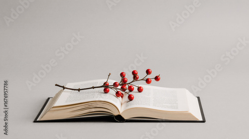 Open book with red rowan berries on light grey. Autumn reading and minimal cozy study atmosphere