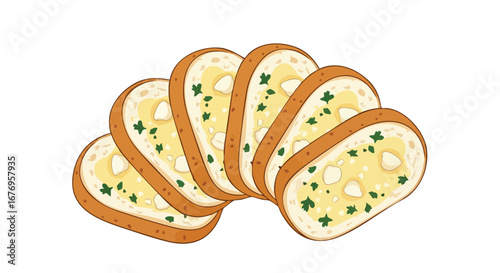 Artistic presentation of sliced garlic bread offering a tasty visual treat for gastronomy enthusiasts and food related projects