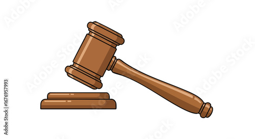 Depiction of a judicial gavel resting on its sounding block in a cartoon style illustration showing legal procedure and justice symbol