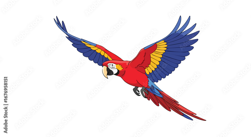 Obraz premium Vibrant macaw soars freely amidst a boundless sky creating a captivating display of avian grace, colorful illustration of a beautiful scarlet macaw