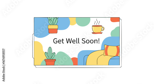 Cheerful 'Get Well Soon' Card Featuring Cozy Couch, Cacti, and Steaming Coffee Imagery designed with a Vibrant Color Palette and Delicate Line Art