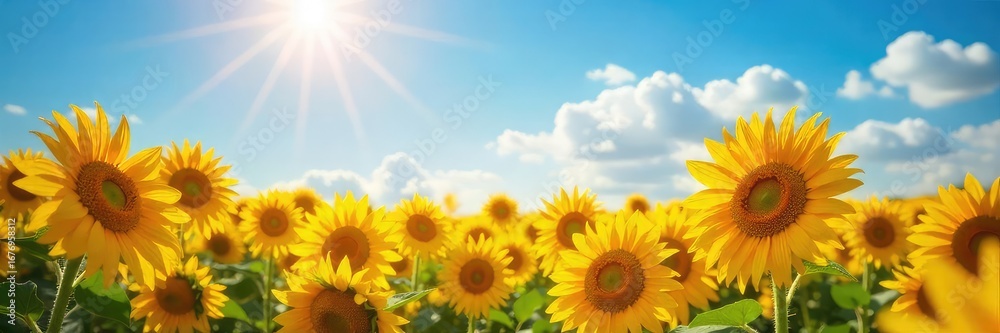 Fototapeta premium A vibrant sun shines on a field of blooming sunflowers, conveying pure joy and summer bliss Perfect for themes of optimism, well-being, and positive energy , flora, glowing