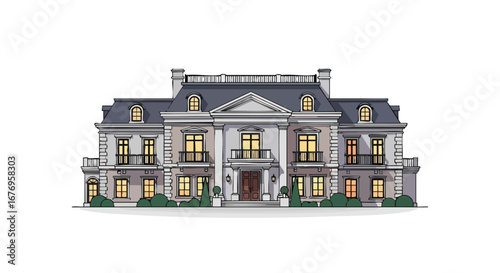 Architectural Elegance: A Detailed Rendering of a Grand Mansion Facade on a White Background