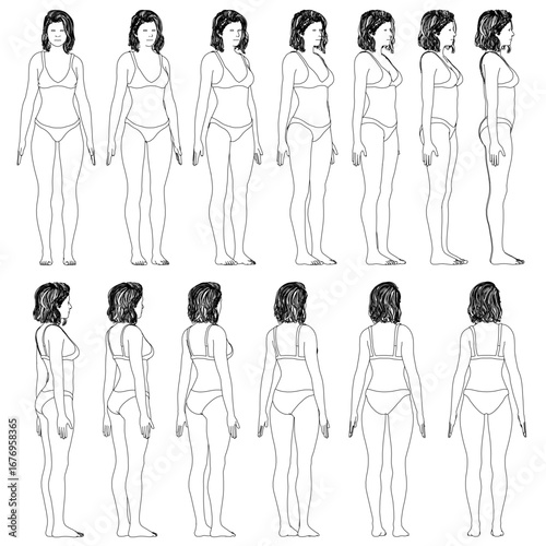 A girl in bra and panties stands in multiple poses, showcasing diverse body types in this line drawing set.
