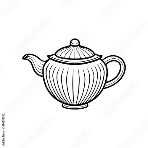 Teapot: An elegant black and white line drawing of a classic teapot, evoking a sense of vintage charm and warmth.
