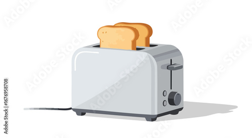 Slices of bread in a retro toaster, depicting kitchen appliances and a morning breakfast scene with clean background, vector style design illustration