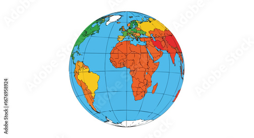 Vibrant stylized globe illustration depicting continents in diverse colors on a white backdrop, ideal for educational purposes 80 characters