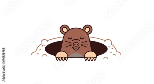 Cute cartoon mole emerging from a hole, with a charming and endearing expression, isolated on a clean white background offering a playful vector