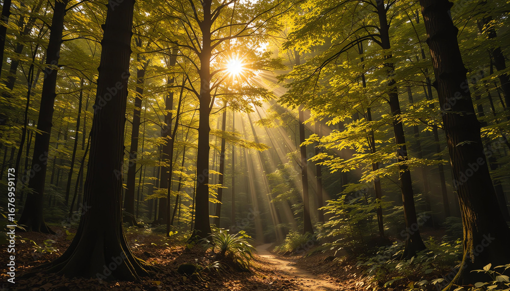 Fototapeta premium Golden sunlight shining through forest leaves