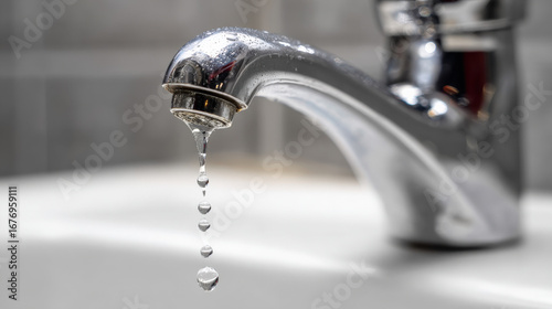 Close-up chrome faucet dripping water onto white porcelain sink illustrating urgent leak repair and plumbing issue