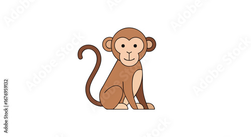 Animated illustration of a monkey sitting with its tail curled on a plain white background for children designs