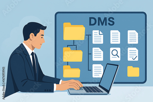 Man using a laptop for document management system to organize and store digital files and folders