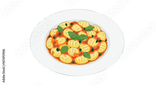 Hand-drawn Italian gnocchi dish with tomato sauce and basil leaves, presented on a pristine white plate, perfect for restaurant menus or culinary