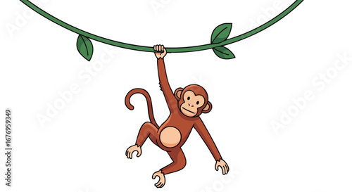 Whimsical jungle scene with playful cartoon monkey swinging on a leafy vine illustration, perfect for children's books and educational materials
