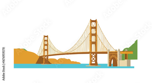 Architectural marvel, iconic suspension bridge, landscape art, urban illustration, vector design, bay area landmark, cityscape view