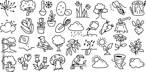 Nature and Gardening Line Icons Set – Trees, Plants, Flowers, Gardening Tools, Weather, Vegetables, Birds, Eco Symbols, Minimal Hand Drawn Outline Style Collection