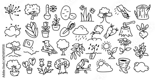 Nature and Gardening Line Icons Set – Trees, Plants, Flowers, Gardening Tools, Weather, Vegetables, Birds, Eco Symbols, Minimal Hand Drawn Outline Style Collection