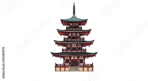 Detailed depiction of a five-story pagoda in line art with a touch of color creating a minimalist graphic illustration conveying asian culture