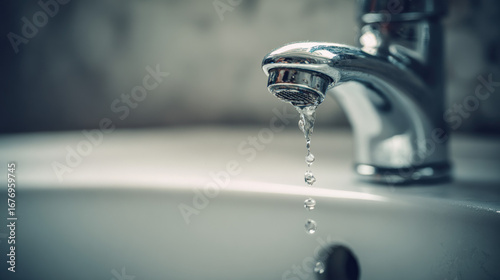 Close-up chrome faucet dripping water onto white porcelain sink illustrating urgent leak repair and plumbing issue