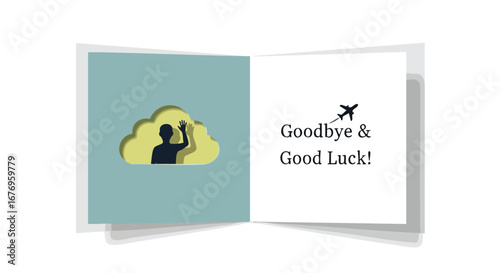 Farewell journey card with figure silhouette in cloud cut-out, airplane icon and optimistic message design