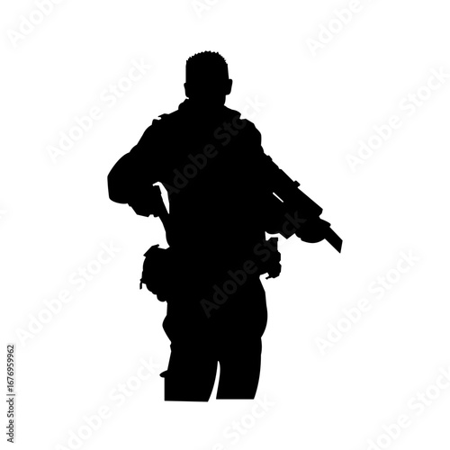 Silhouette of a soldier holding a rifle, suitable for military and patriotic designs or posters. 