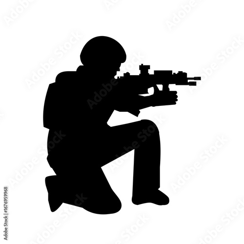 Silhouette of soldier with rifle, suitable for military or patriotic visuals, websites, and presentations. Great for military themes.