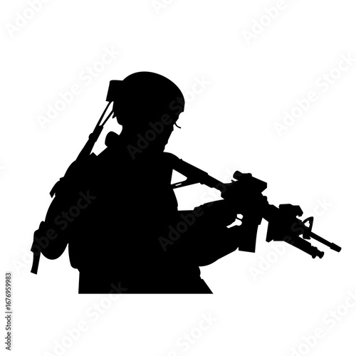 Silhouette of soldier with rifle suitable for military, defense, bravery, or warthemed designs, projects, and concepts needing powerful imagery.