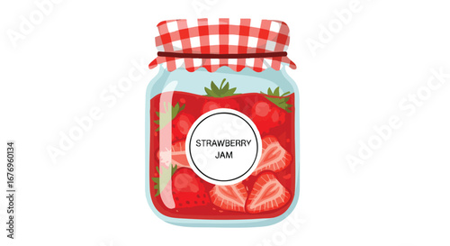 A vibrant jar of strawberry jam with checkered lid, capturing the essence of homemade sweetness, perfect for culinary and food-related projects