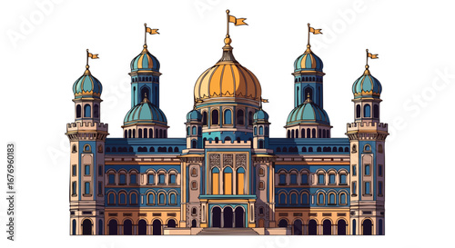 Detailed Architectural Illustration of a Grand Palace with Towers and Flags Majestic Building with Ornate Details and Golden Dome in an Artistic