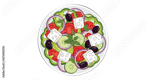Vibrant Mediterranean Delight: An Artistic Rendition of Fresh Greek Salad with Feta Cheese and Assorted Vegetables presented on a White Plate