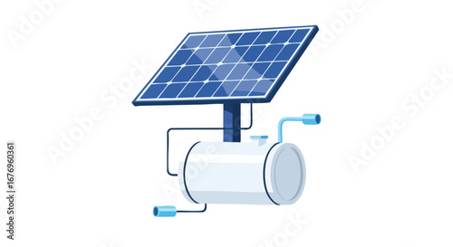 Conceptual renewable energy system illustration with solar panel and water storage tank highlighting sustainable technology for eco conscious