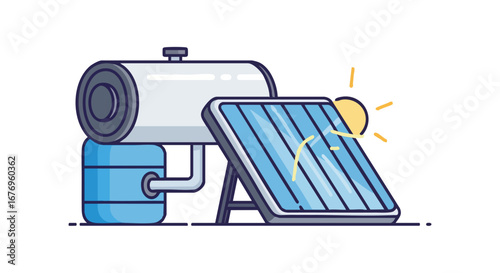 Renewable energy illustration showcasing a solar water heater system with sun shining, promoting clean, sustainable, and eco-friendly energy