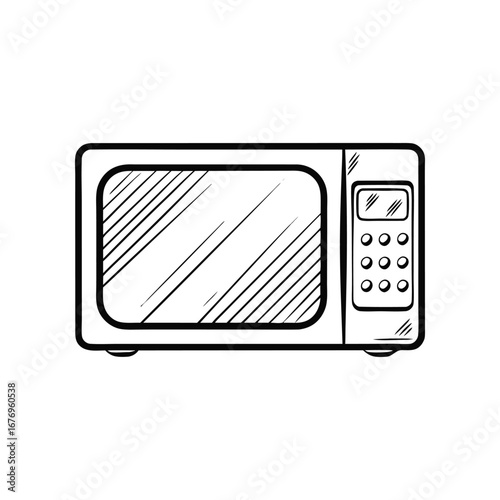 Microwave Oven: A classic microwave, rendered in a minimalistic, line-art style, embodies the essence of modern kitchen technology and convenience.