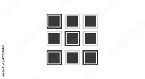 Minimalist arrangement showcasing nine monochrome squares framed with stark borders creating a matrix with balanced aesthetics and contrast offering