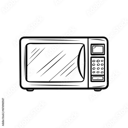 Microwave oven illustration: A minimalist and elegant black and white illustration showcases a modern microwave oven.