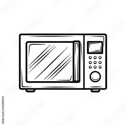 Microwave Oven Line Art Illustration: A detailed black and white line art illustration showcasing a modern microwave oven, perfectly representing everyday appliance.