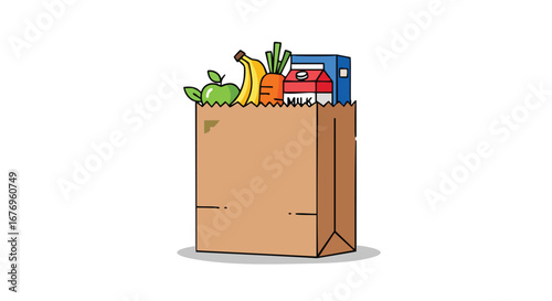 Whimsical grocery bag overflowing with fresh produce and dairy carton illustration, portraying a simplified grocery haul representing food and
