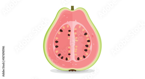 Vector illustration of a sliced guava fruit revealing its pink pulp and dark seeds against a bright white background