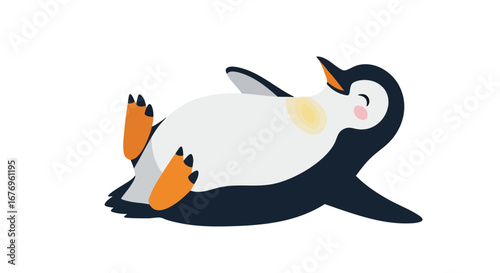 Playful Penguin Illustration: A whimsical cartoon of a penguin lying on its back with feet up, radiates joy and childlike fun
