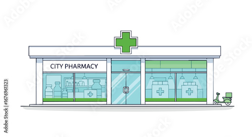 Modern city pharmacy with delivery scooter, offering essential medications and healthcare products with fast delivery service and convenience for