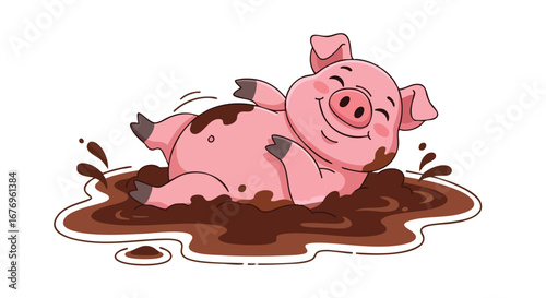Joyful cartoon pig character having fun rolling in a mud puddle on a plain white backdrop offering a playful, endearing image suitable for