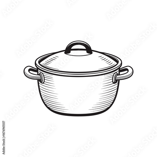 Pot with Lid Illustration: A detailed illustration depicts a traditional pot with a lid. This minimalist image conveys the essence of cooking.