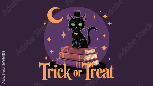 Black cat in a top hat with green eyes on books for Halloween Trick or Treat feline