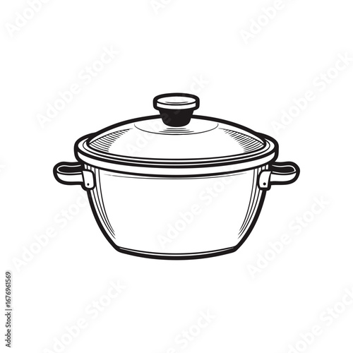 Cooking Essentials: Minimalist illustration of a stainless steel pot with a transparent lid, embodying the essence of home cooking and culinary art.