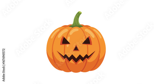 Whimsical halloween jack-o'-lantern illustration with triangular eyes, toothy grin, and vibrant orange hue, presented on a pristine white backdrop