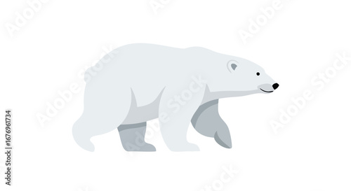 Simple illustration of a powerful polar bear prowling across a blank white canvas, conveying arctic wildlife and minimalist design and nature theme