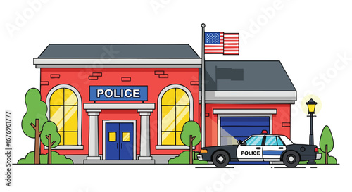 Stylized Police Station Illustration with Car and American Flag on a sunny day scene